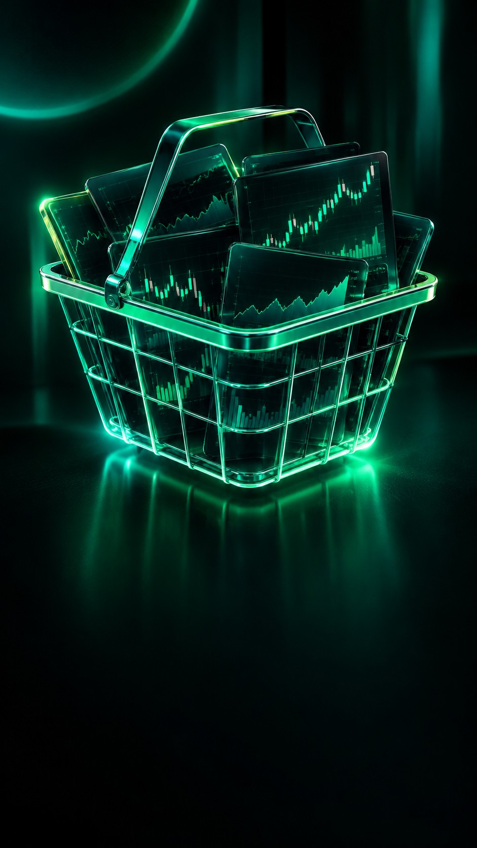 Basket made of glowing lines holding multiple mini stock charts